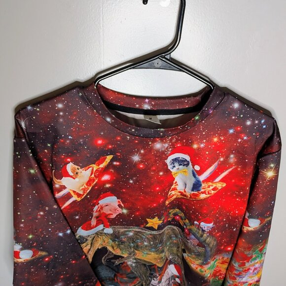 Christmas Sweatshirt Galaxy Dinosaur Flying Cats Pigs Santa Hat Rainbow Medium - Picture 7 of 15